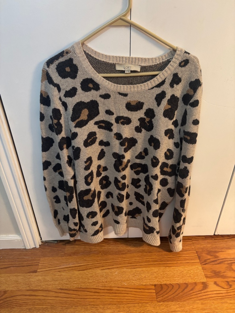 LOFT Beige and Brown Leopard-Print Crewneck Sweater